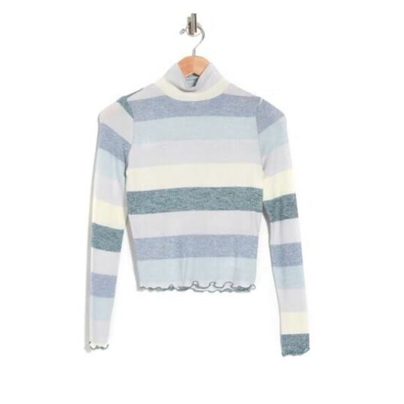 Love,Fire Womens Lettuce Edge Mock Neck Long Sleeve Top LT. Blue Multi Stripe XL - Picture 3 of 3